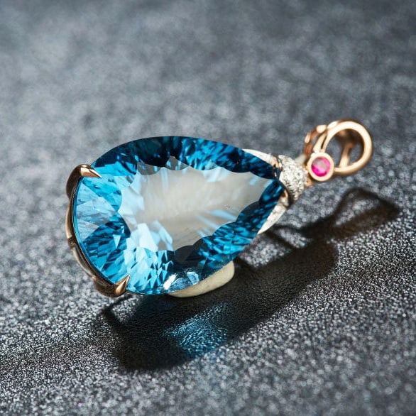 14k Gold 21.45 Ct Natural Topaz & Diamond & Ruby Pendant( Without Chain ) - 7