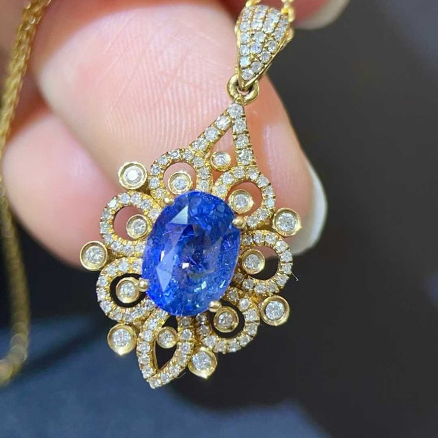 14k Gold 2.98 Ctw Natural Sapphire & Diamond Pendant( Without Chain ) - 2