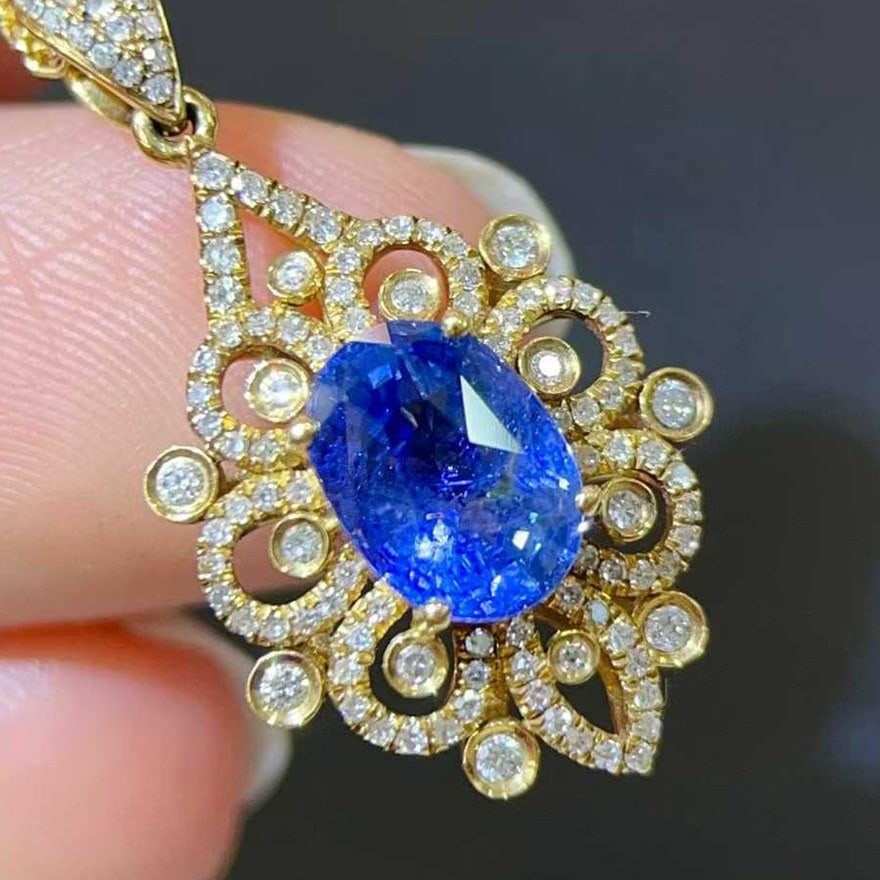 14k Gold 2.98 Ctw Natural Sapphire & Diamond Pendant( Without Chain ) - 3