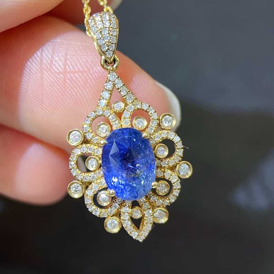 14k Gold 2.98 Ctw Natural Sapphire & Diamond Pendant( Without Chain ) - 4