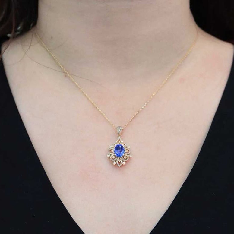 14k Gold 2.98 Ctw Natural Sapphire & Diamond Pendant( Without Chain ) - 5