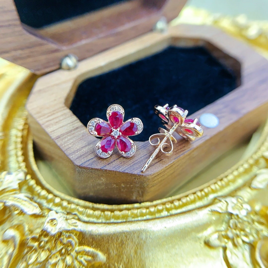 14k Gold 1.52 Ctw Natural Ruby & Diamond Earrings - 3