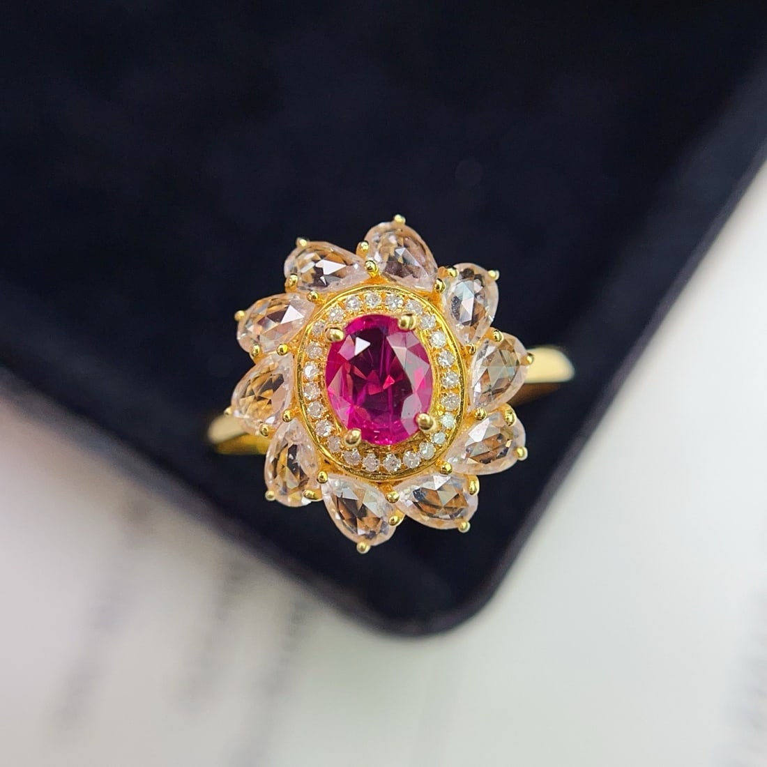 14k Gold 0.82 Ct Natural Ruby & Diamond & Sapphire Ring: Ref:231136329 // gold content:14k gold // ring size:7. 25us // // main gemstone:ruby // shape:oval // carat weight:0. 82ct // color:red // treatment:natural // // adjacent gemstone 2 : diamond //