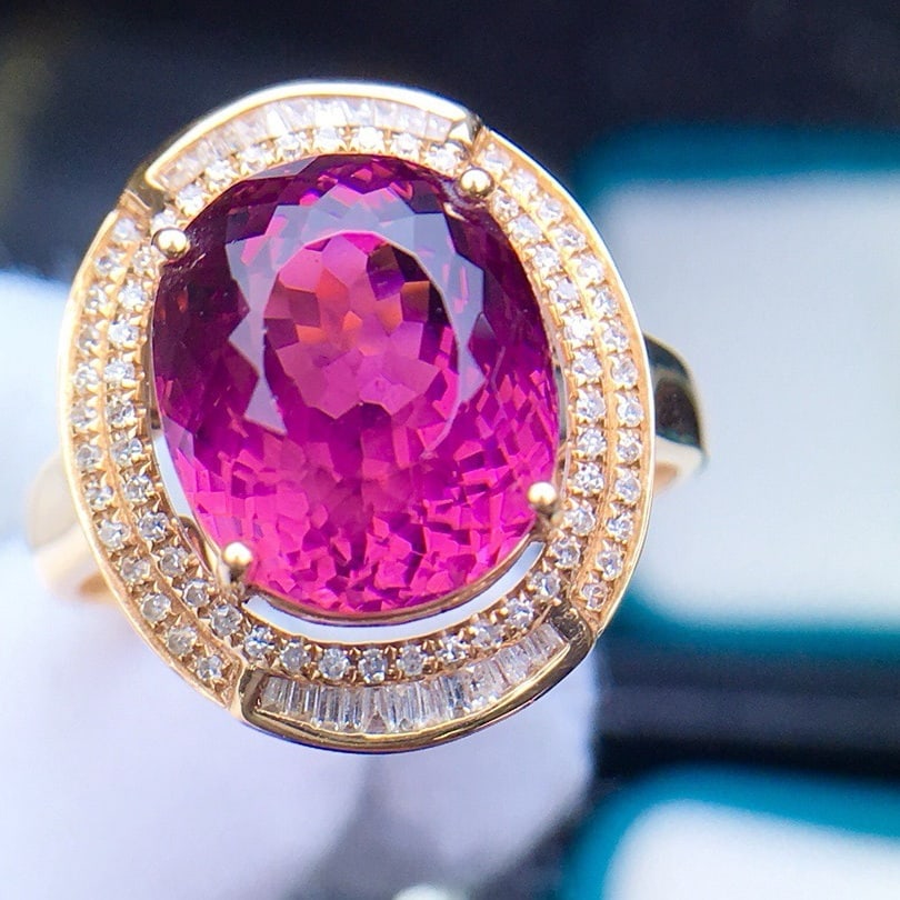 14k Gold 6.8 Ct Natural Tourmaline & Diamond Ring: Ref:231136348 // gold content:14k gold // ring size:7. 25us // // main gemstone:tourmaline // shape:oval // carat weight:6. 8ct // color:red // treatment:natural // // adjacent gemstone 2 :