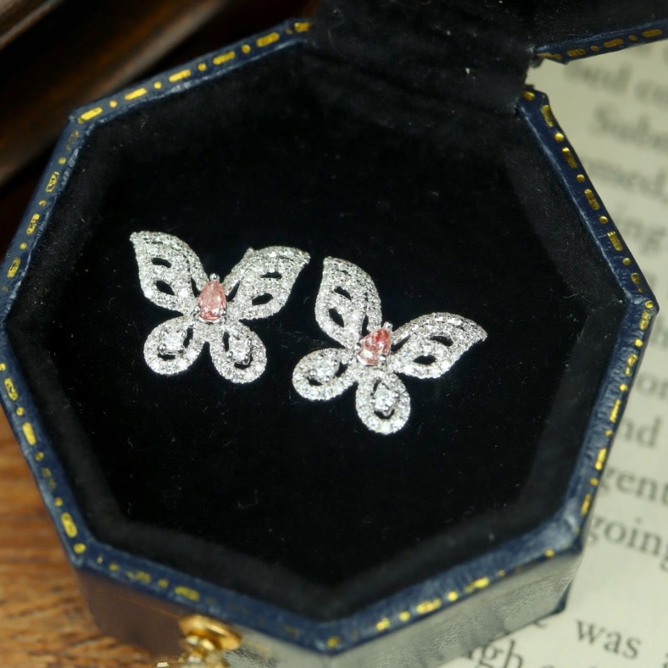 14k Gold 0.25 Ctw Natural Pink Diamond & Diamond & Butterfly Earrings - 2