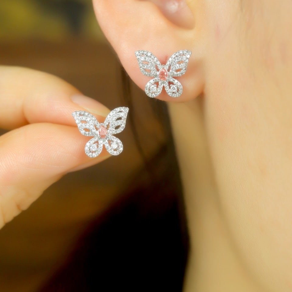 14k Gold 0.25 Ctw Natural Pink Diamond & Diamond & Butterfly Earrings - 5