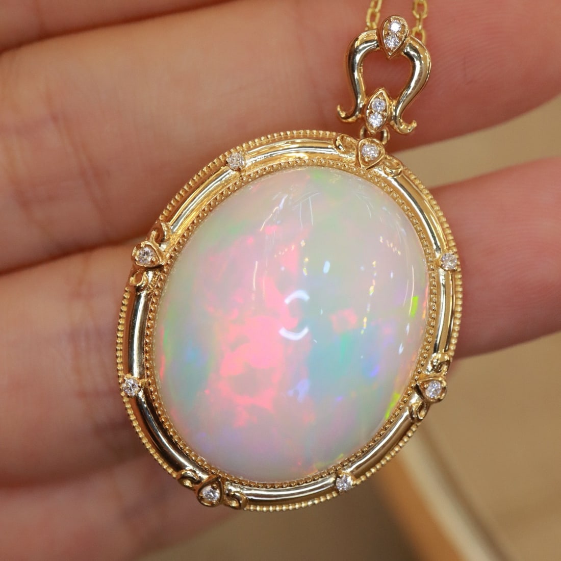 14k Gold 25.9 Ctw Natural Opal & Diamond Pendant( Without Chain ) - 4