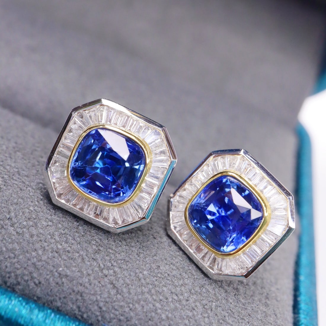 14k Gold 2.99 Ctw Natural Sapphire & Diamond Earrings: Ref:231136373 // gold content:14k gold // main gemstone:sapphire // shape:cushion // carat weight:2. 56ct // color:blue // treatment:natural // // adjacent gemstone 2 : diamond // shape:baguette //