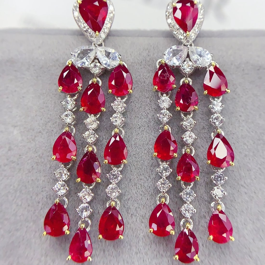 14k Gold 6.93 Ct Natural Ruby & Diamond & Sapphire Earrings - 2