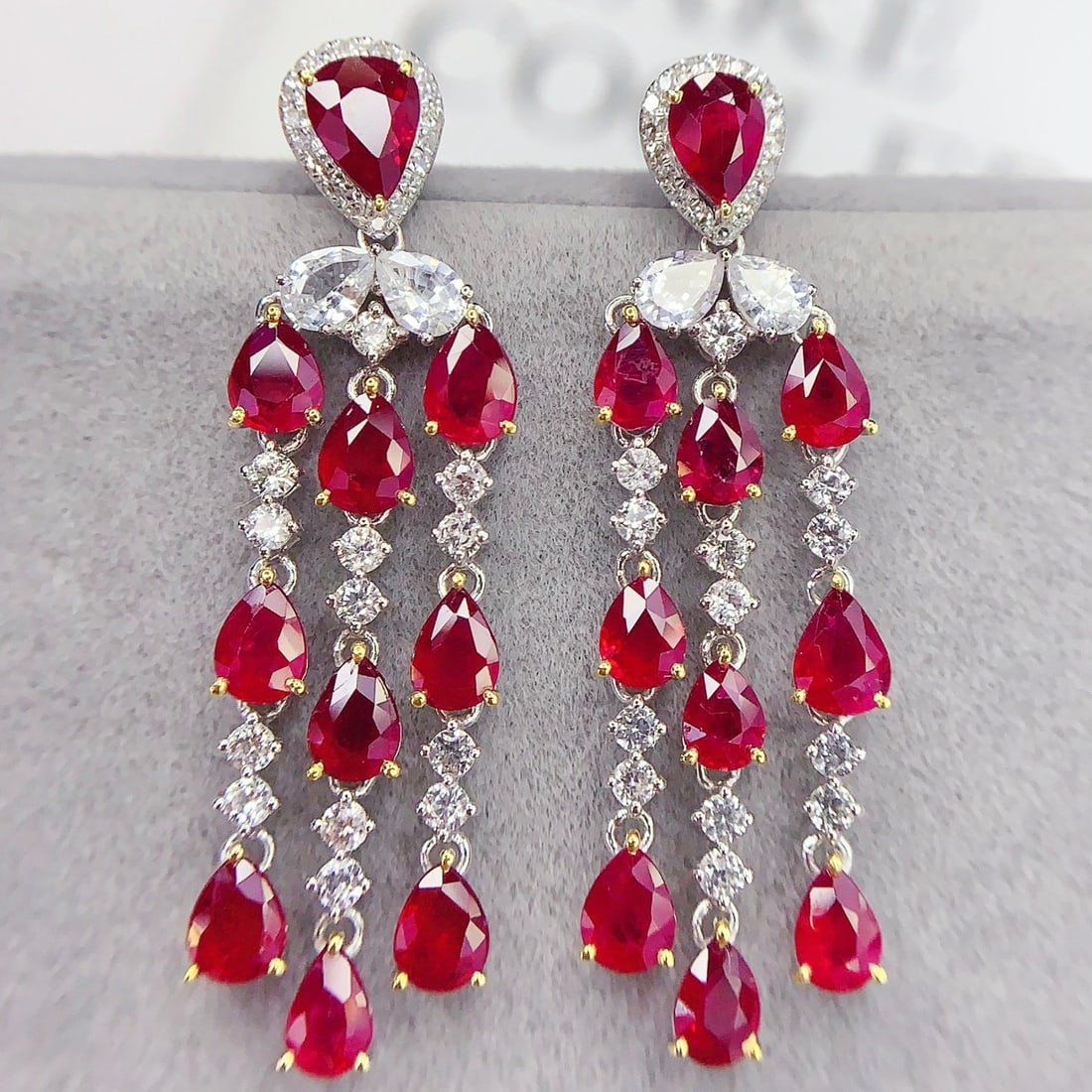 14k Gold 6.93 Ct Natural Ruby & Diamond & Sapphire Earrings - 4