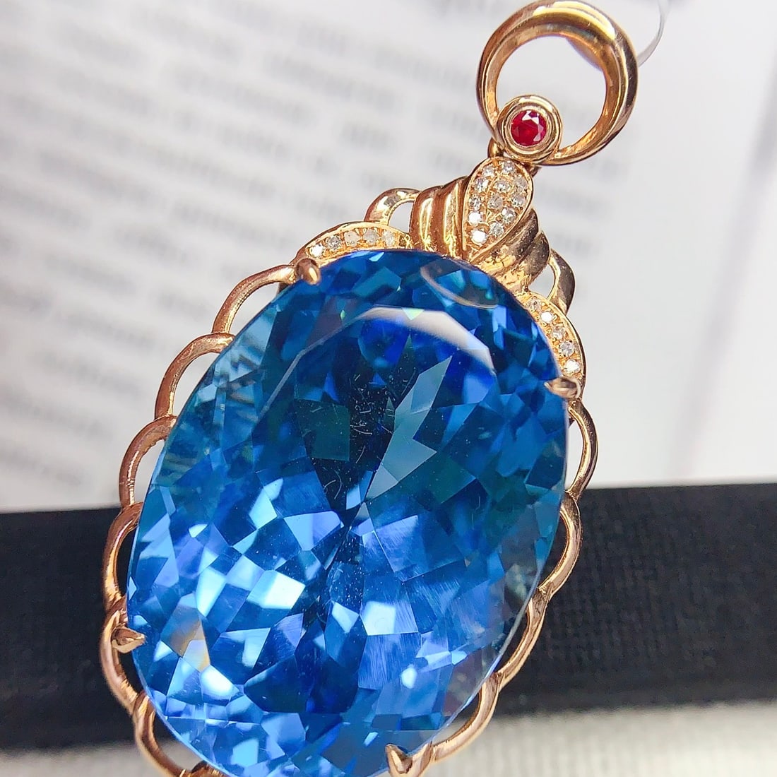 14k Gold 33 Ct Natural Topaz & Diamond & Ruby Pendant( Without Chain ) - 3