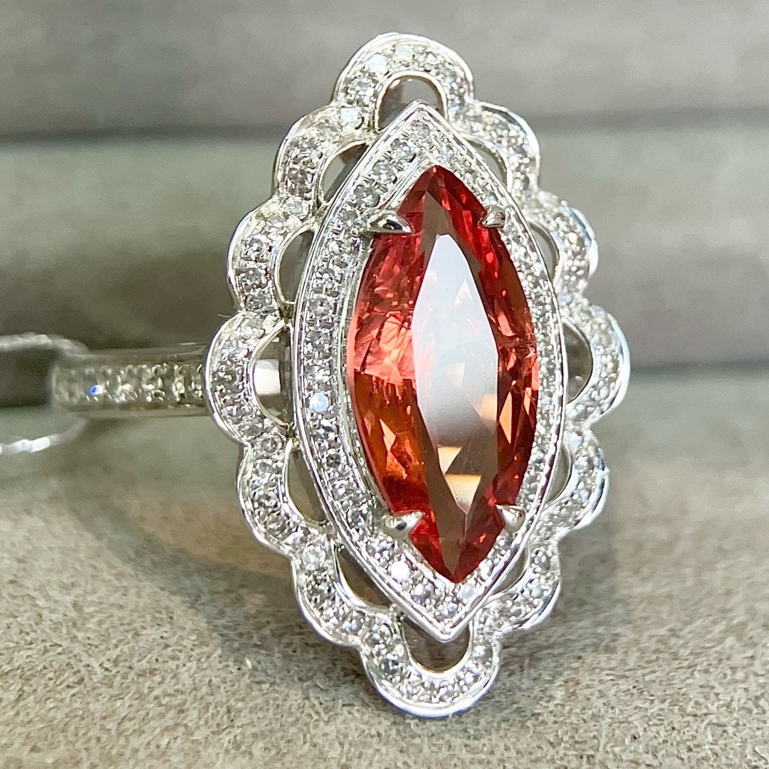 14k Gold 2.21 Ctw Natural Spinel & Diamond Ring: Ref:231136402 // gold content:14k gold // ring size:7. 25us // // main gemstone:spinel // shape:marquise // carat weight:1. 76ct // color:orange // treatment:natural // // adjacent gemstone 2 : diamon