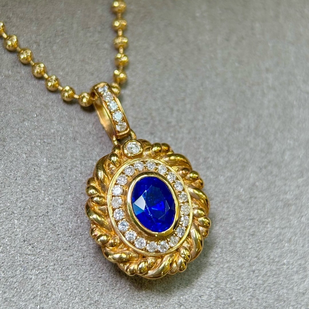 14k Gold 0.94 Ctw Natural Sapphire & Diamond Pendant( Without Chain ) - 2