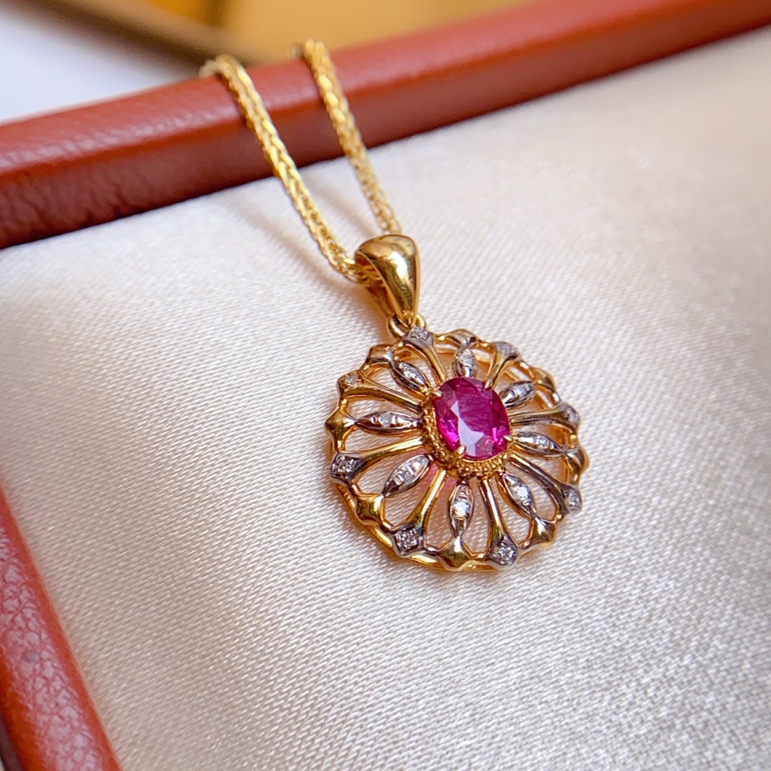 14k Gold 0.38 Ct Natural Ruby & Diamond Pendant( Without Chain ): Ref:231136409 // gold content:14k gold // main gemstone:ruby // shape:oval // carat weight:0. 38ct // color:red // treatment:natural // // adjacent gemstone 2 : diamond // number of stones:32 //