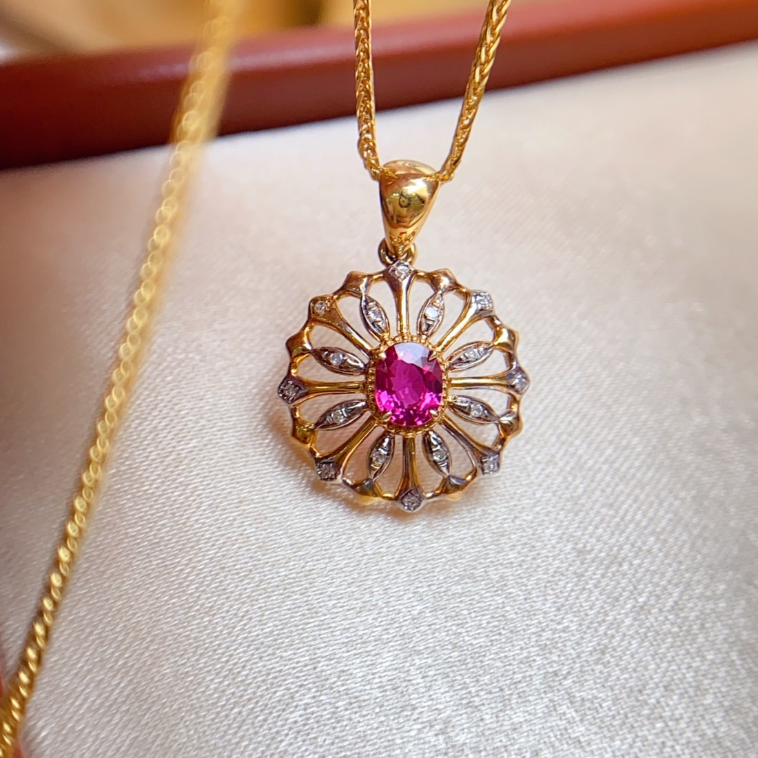 14k Gold 0.38 Ct Natural Ruby & Diamond Pendant( Without Chain ) - 2