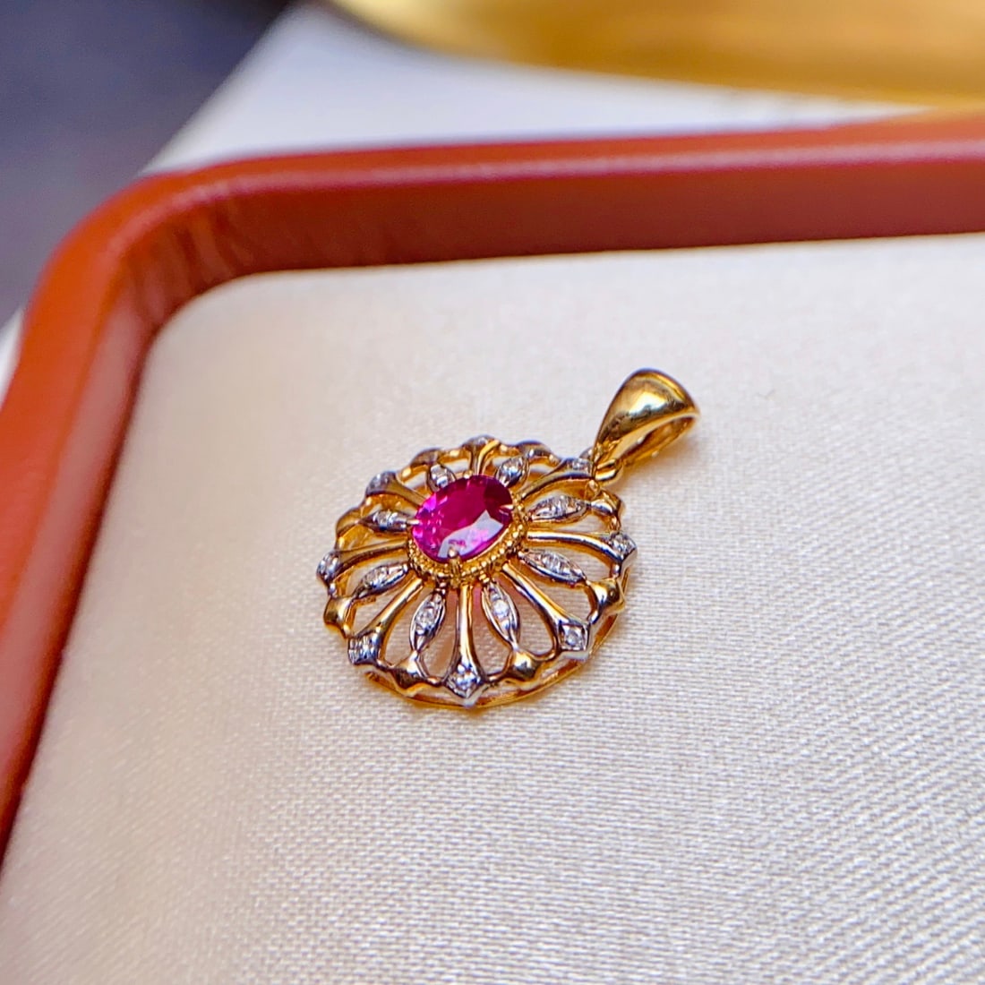 14k Gold 0.38 Ct Natural Ruby & Diamond Pendant( Without Chain ) - 6