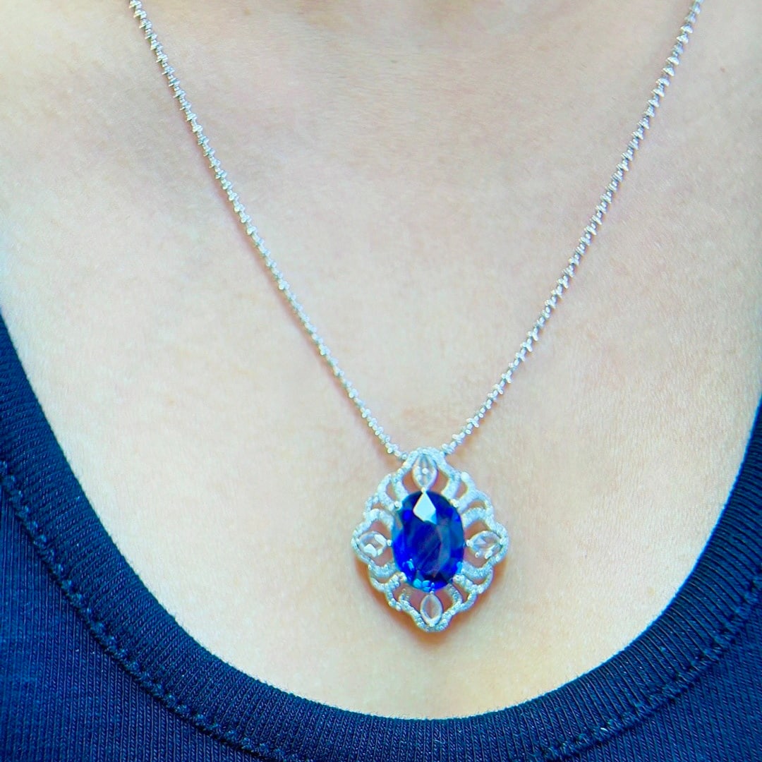 14k Gold 2.63 Ctw Natural Sapphire & Diamond Pendant( Without Chain ) - 8