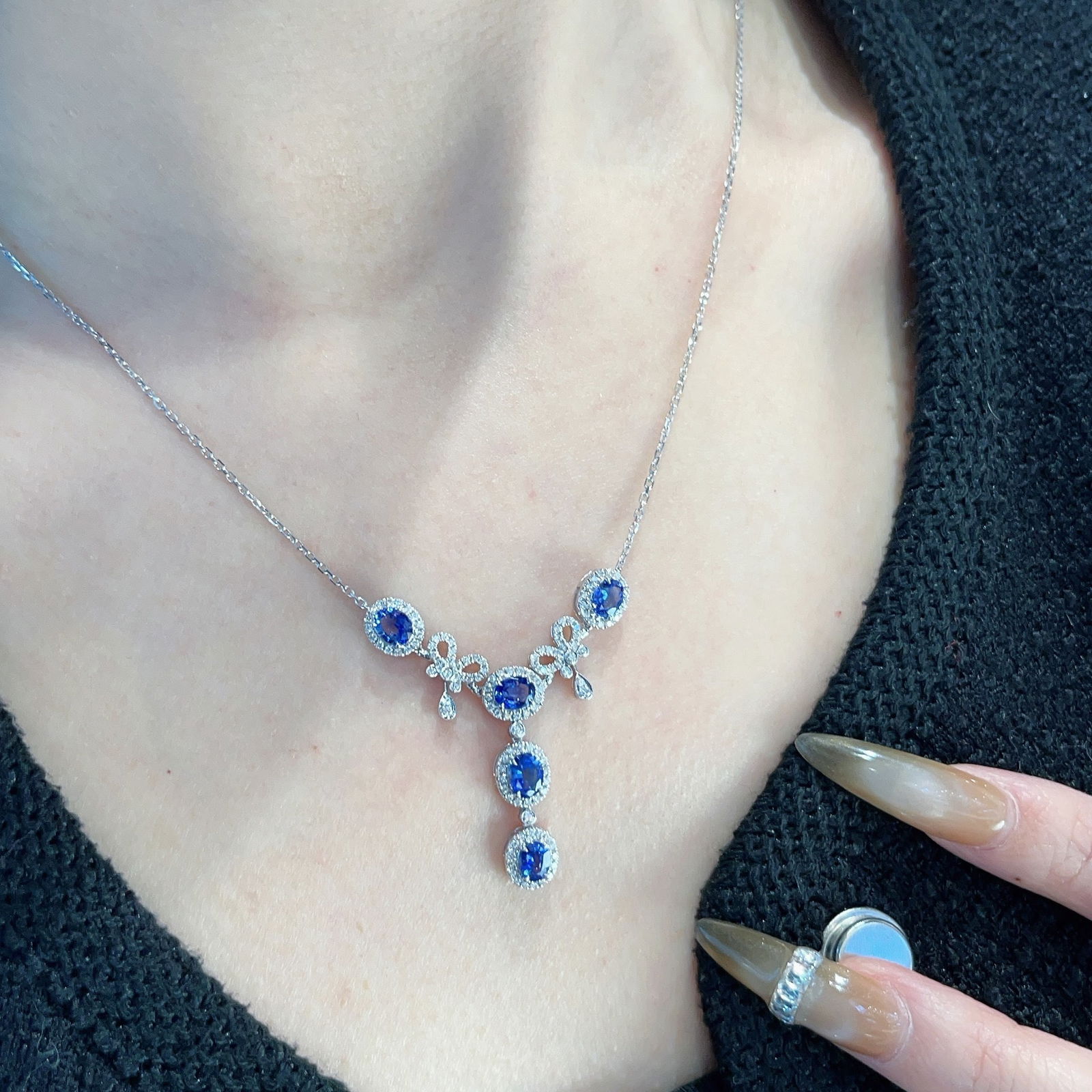 14k Gold 2 Ct Natural Sapphire & Diamond Necklace - 5