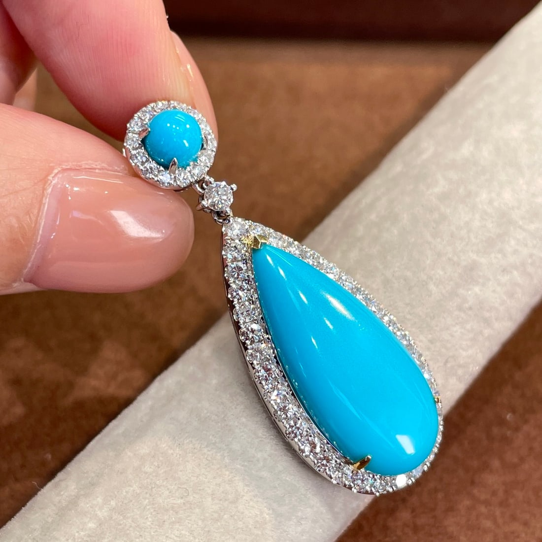 14k Gold 7 Ct Natural Blue Turquoise & Diamond Pendant( Without Chain ) - 2