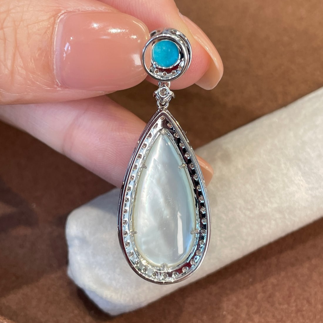 14k Gold 7 Ct Natural Blue Turquoise & Diamond Pendant( Without Chain ) - 3