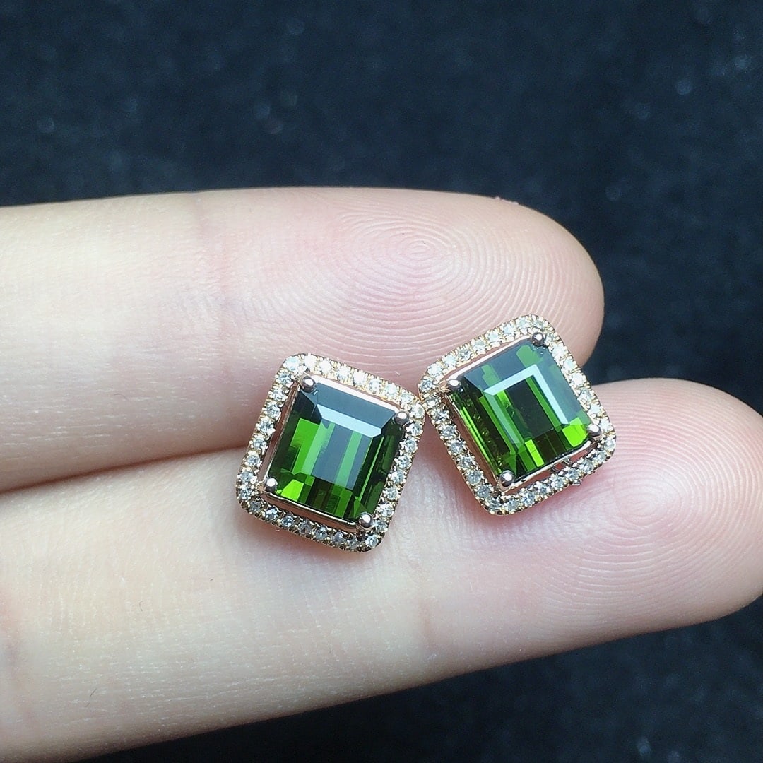 14k Gold 2.68 Ct Natural Tourmaline & Diamond Earrings - 2