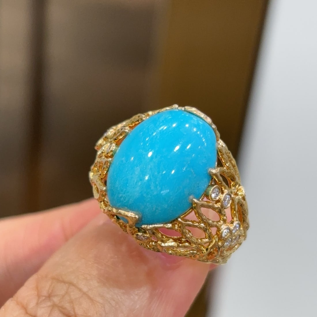 14k Gold 6.83 Ctw Natural Blue Turquoise & Diamond Ring: Ref:231136446 // gold content:14k gold // ring size:7. 25us // // main gemstone:blue turquoise // shape:oval // carat weight:6. 65ct // color:blue // treatment:natural // // adjacent gemstone 2 :