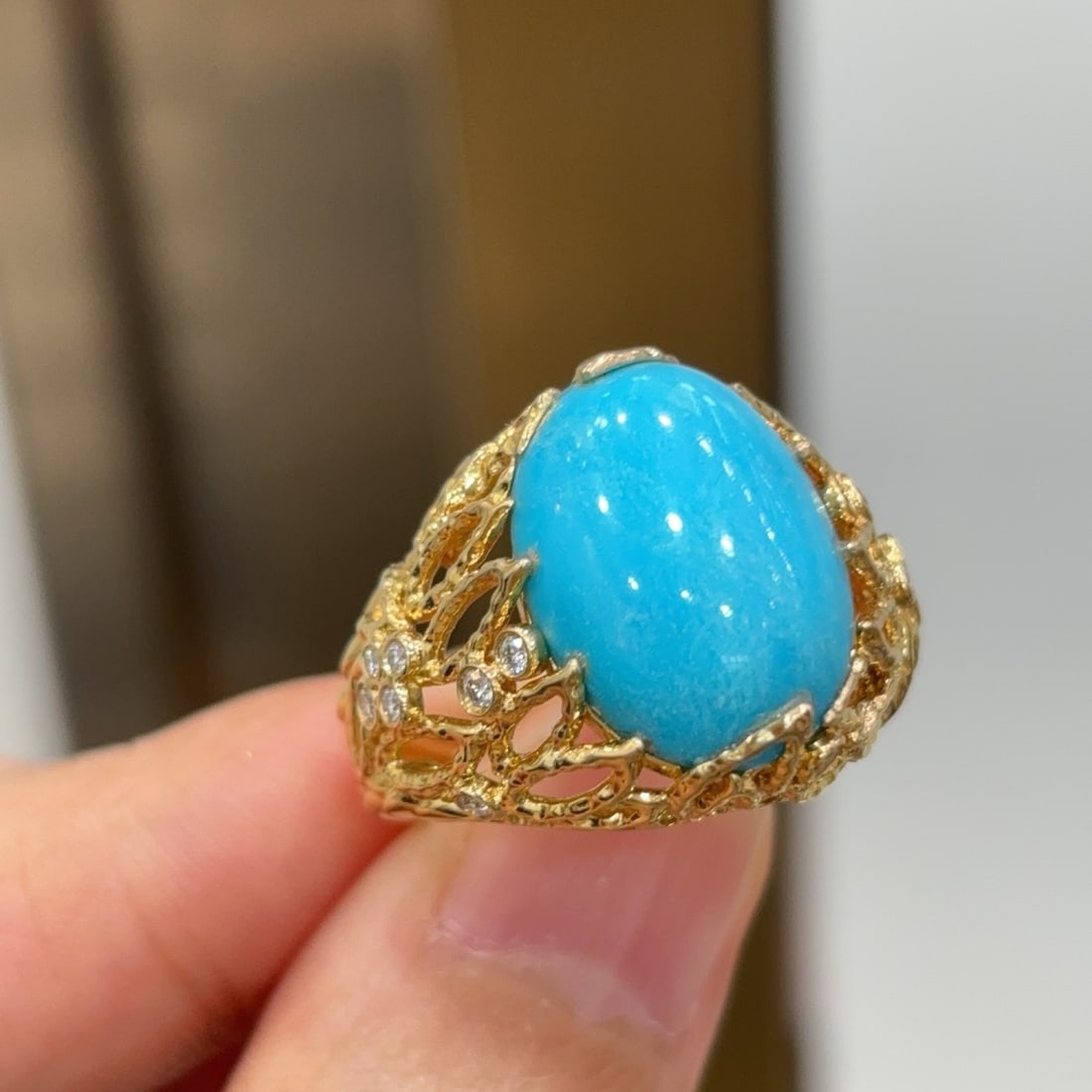14k Gold 6.83 Ctw Natural Blue Turquoise & Diamond Ring - 3