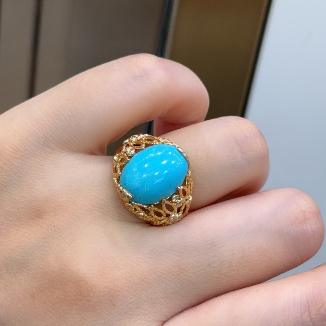 14k Gold 6.83 Ctw Natural Blue Turquoise & Diamond Ring - 5