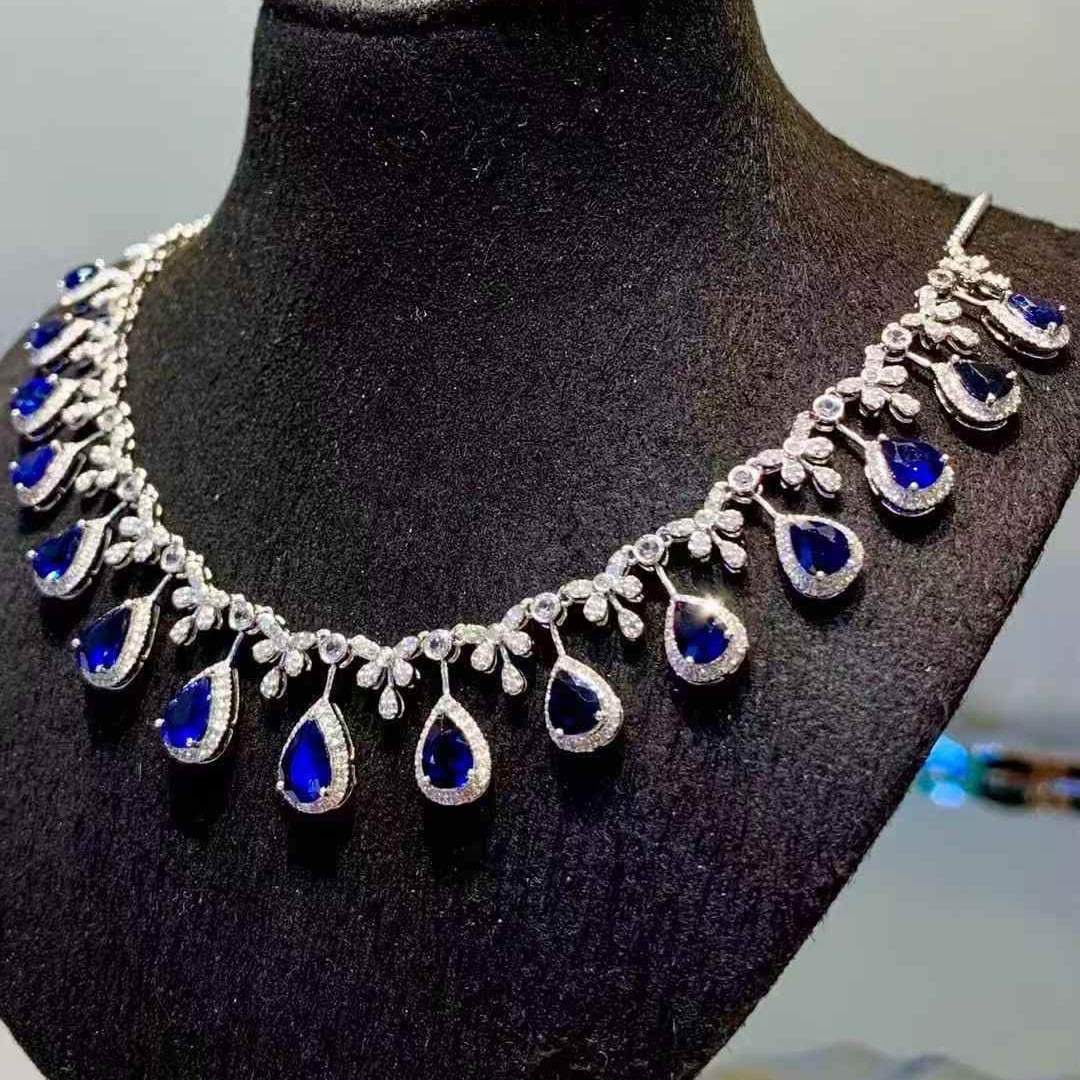 14k Gold 7.2 Ct Natural Sapphire & Diamond & Sapphire Necklace - 3