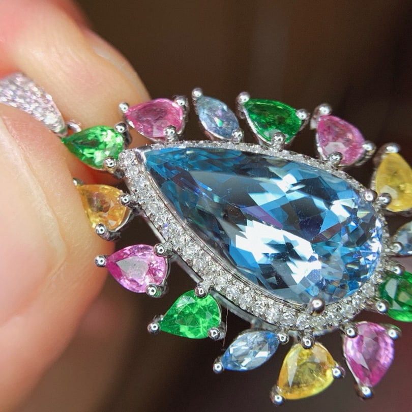 14k Gold 5.3 Ct Natural Aquamarine & Diamond & Coloured Gemstone Pendant( Without Chain ) - 2