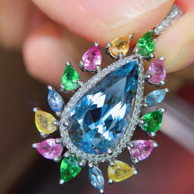 14k Gold 5.3 Ct Natural Aquamarine & Diamond & Coloured Gemstone Pendant( Without Chain ) - 3