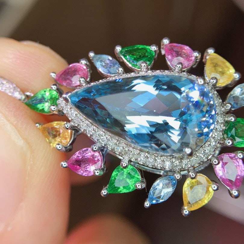 14k Gold 5.3 Ct Natural Aquamarine & Diamond & Coloured Gemstone Pendant( Without Chain ) - 4