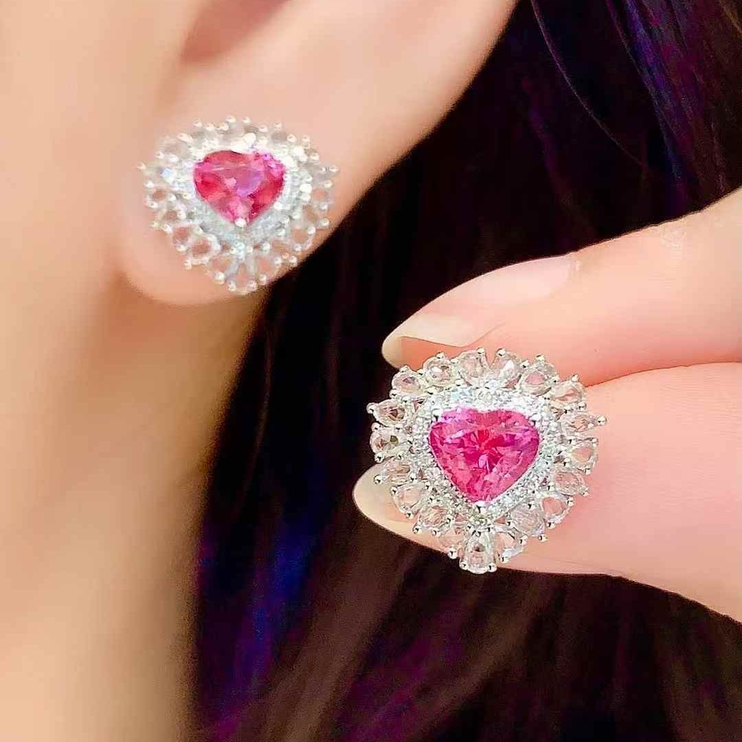 14k Gold 1.55 Ct Natural Spinel & Diamond & Sapphire Earrings - 4