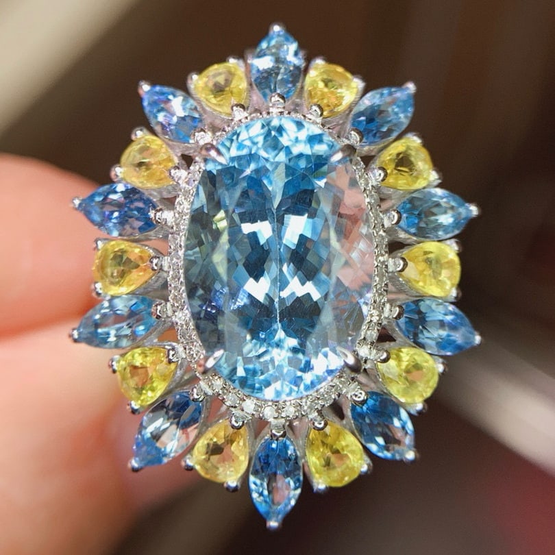 14k Gold 8.8 Ctw Natural Aquamarine & Coloured Gemstone Ring/pendant( Without Chain ): Ref:231121026 // gold content:14k gold // ring size:7. 25us // // main gemstone:aquamarine // shape:oval // carat weight:5. 6ct // color:blue // treatment:natural // // adjacent gemstone 2 : coloured