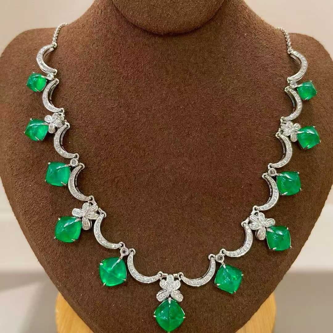 14k Gold 10.57 Ct Natural Emerald & Diamond & Sapphire Necklace - 5