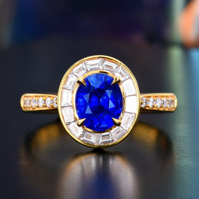 14k Gold 1.90 Ctw Natural Sapphire & Diamond Ring: Ref:231121042 // gold content:14k gold // ring size:7. 25us // // main gemstone:sapphire // shape:oval // carat weight:1. 38ct // color:blue // treatment:natural // // adjacent gemstone 2 :