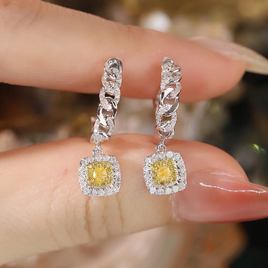 14k Gold 0.62 Ctw Natural Yellow Diamond & Diamond Earrings: Ref:231121052 // gold content:14k gold // main gemstone:yellow diamond // shape:cushion // carat weight:0. 2ct // color:yellow // treatment:natural // // adjacent gemstone 2 : diamond //