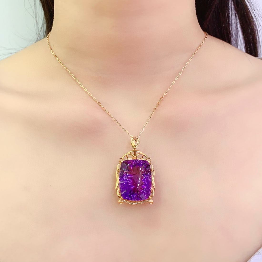 14k Gold 45.3 Ct Natural Amethyst & Diamond Pendant( Without Chain ) - 6