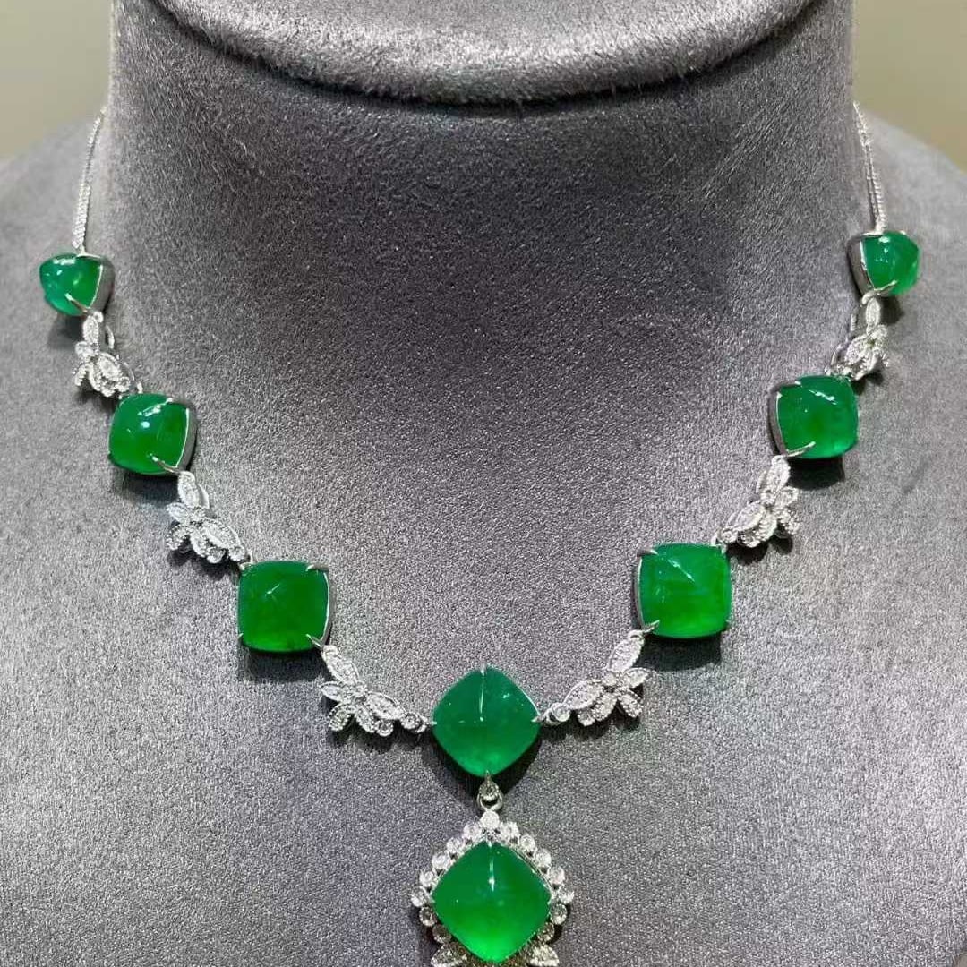 14k Gold 18.88 Ct Natural Emerald & Diamond Necklace - 4