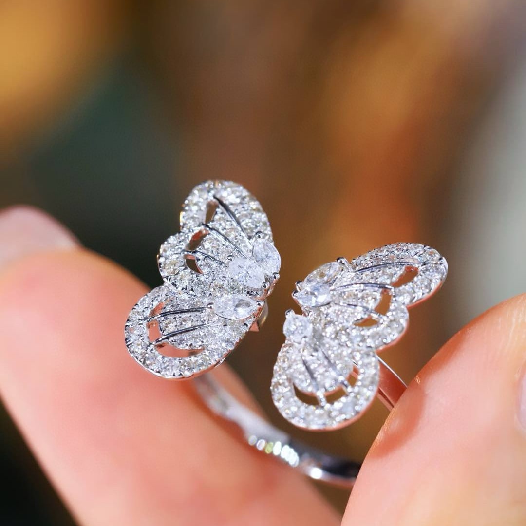 14k Gold 0.9 Ct Natural H Diamond & Butterfly Ring - 4