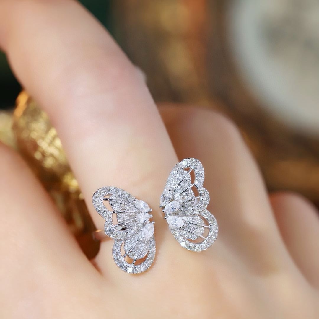 14k Gold 0.9 Ct Natural H Diamond & Butterfly Ring - 8