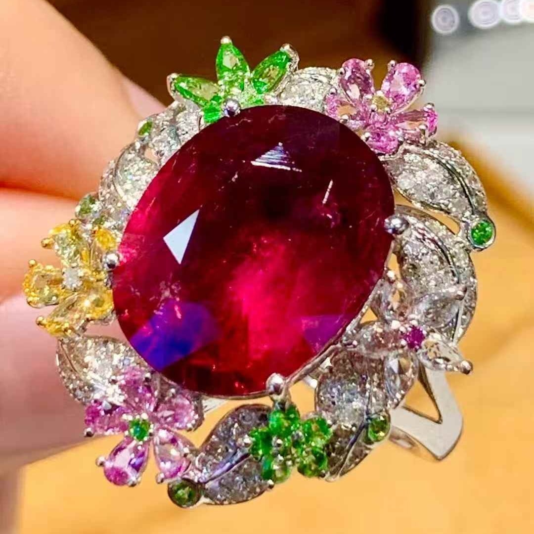 14k Gold 5.2 Ct Natural Tourmaline & Diamond & Coloured Gemstone Ring - 2