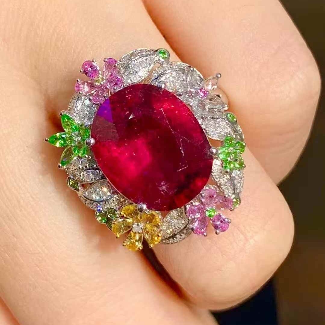 14k Gold 5.2 Ct Natural Tourmaline & Diamond & Coloured Gemstone Ring - 4