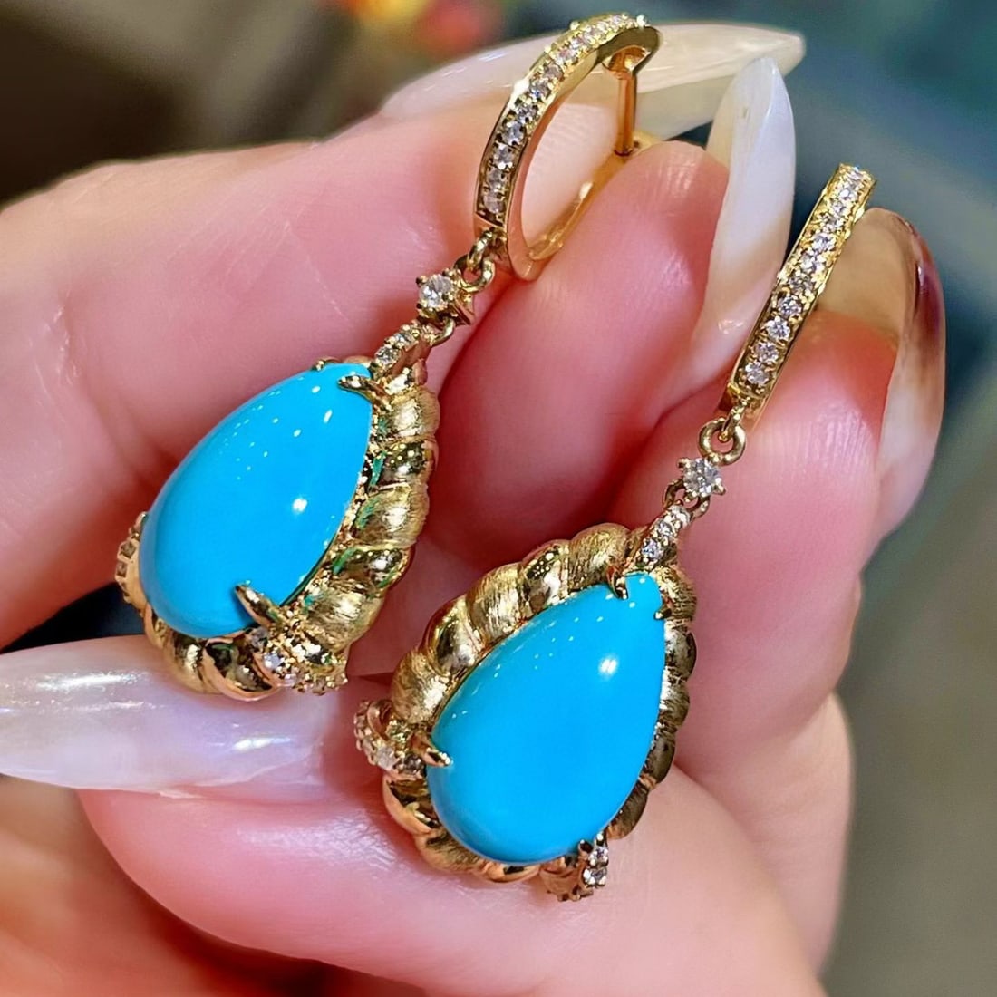 14k Gold 5.63 Ctw Natural Blue Turquoise & Diamond Earrings - 3