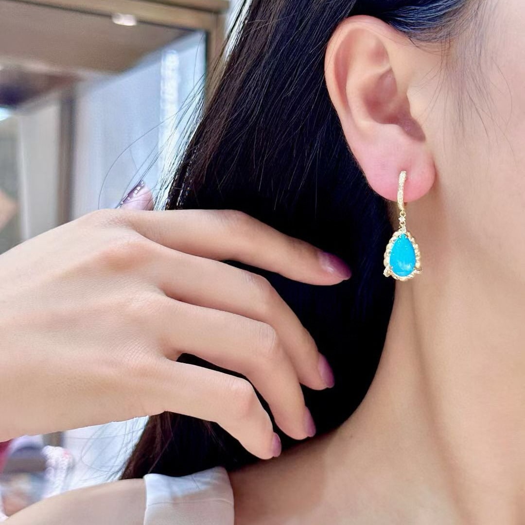 14k Gold 5.63 Ctw Natural Blue Turquoise & Diamond Earrings - 4