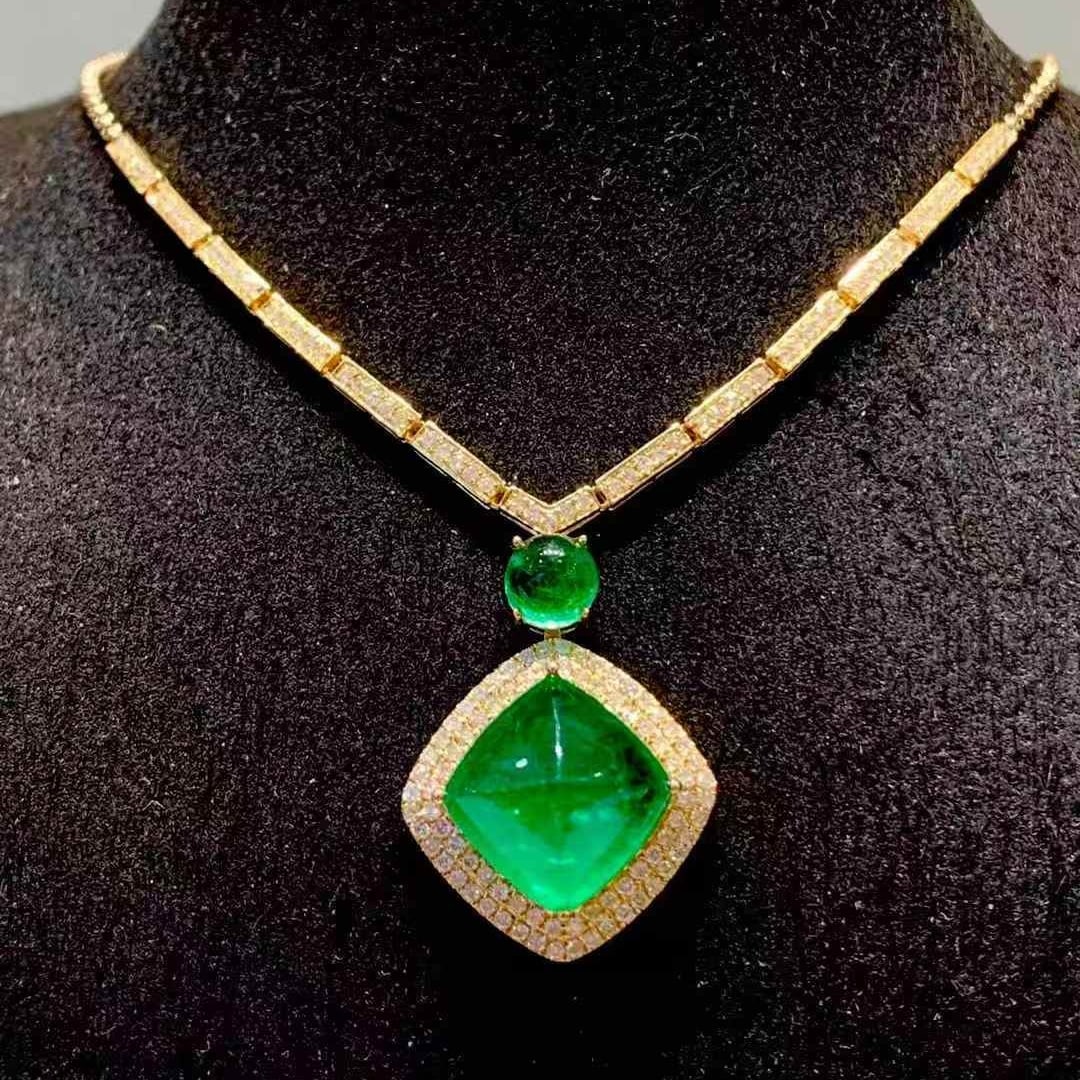 14k Gold 6.8 Ct Natural Emerald & Diamond Necklace: Ref:231121106 // gold content:14k gold // main gemstone:emerald // shape:multiple // carat weight:6. 8ct // color:green // treatment:natural // // adjacent gemstone 2 : diamond // shape:round // clari