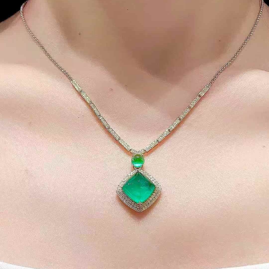 14k Gold 6.8 Ct Natural Emerald & Diamond Necklace - 5