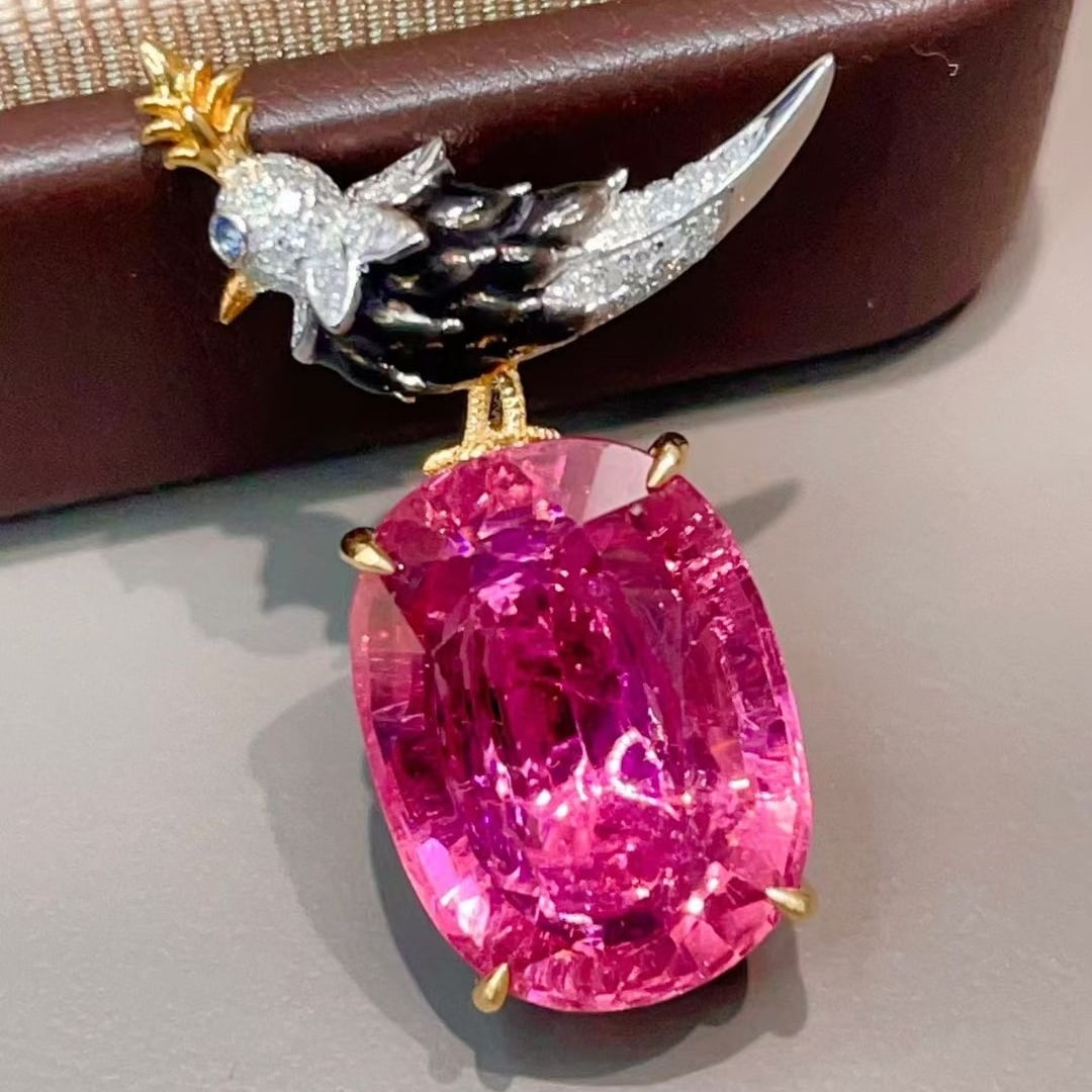 14k Gold 9.05 Ct Natural Tourmaline & Diamond Pendant( Without Chain ) - 2