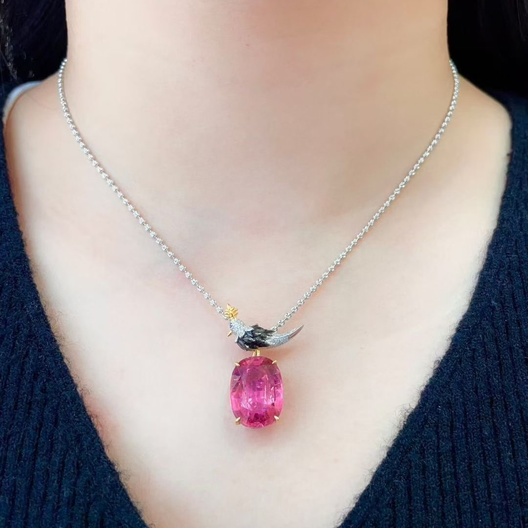 14k Gold 9.05 Ct Natural Tourmaline & Diamond Pendant( Without Chain ) - 4