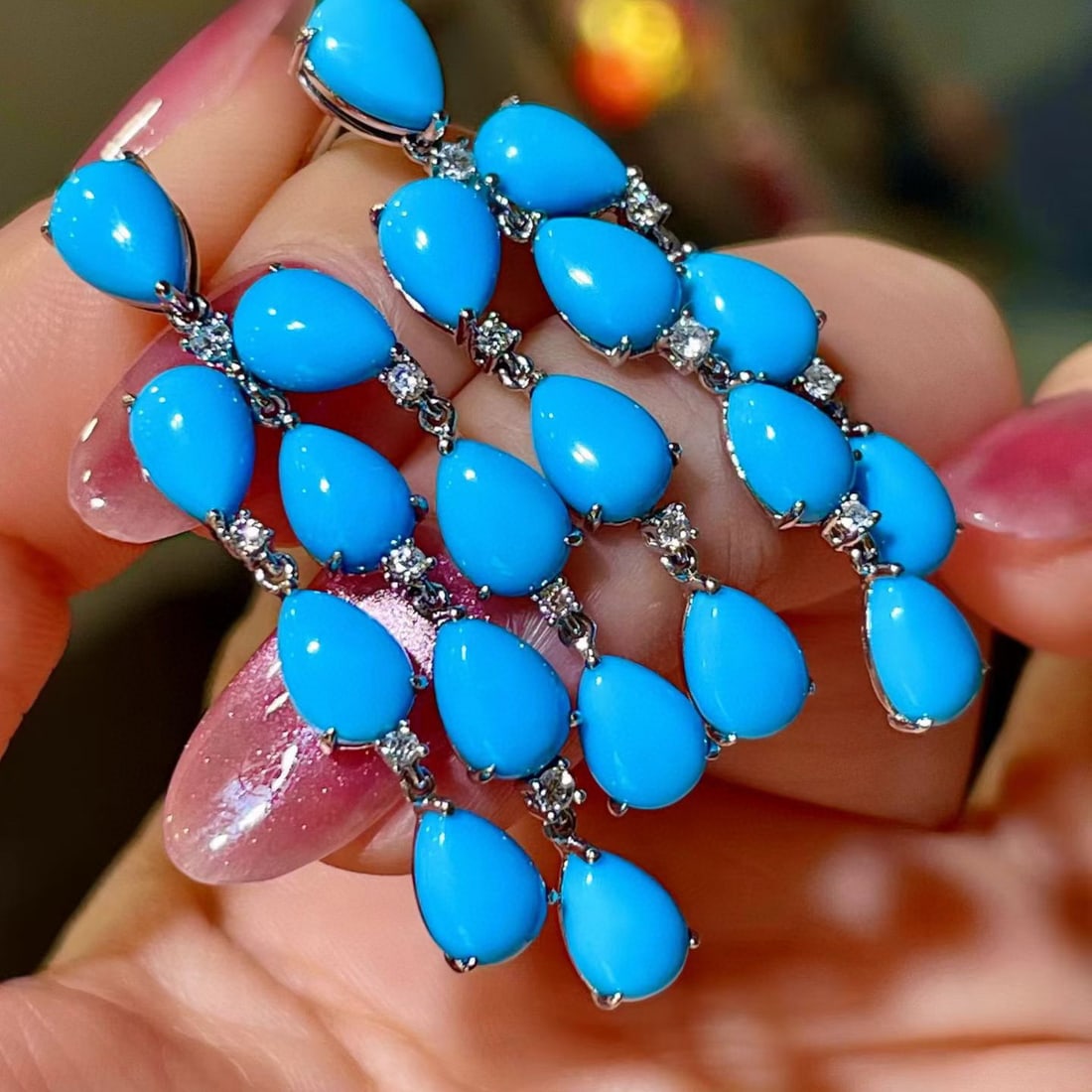 14k Gold 13.85 Ctw Natural Blue Turquoise & Diamond Earrings - 2